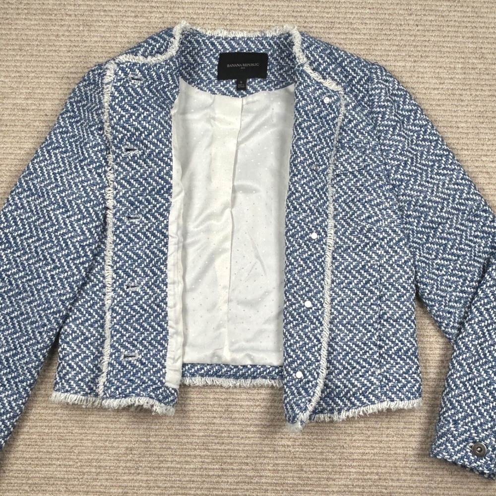 Banana Republic Tweed Jacket Womens S Blue Herringbone Preppy Classic Chic - Picture 4 of 15
